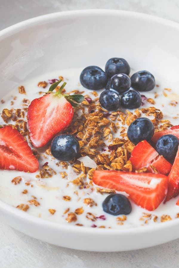 Healthy Breakfast Concept. Granola with Milk and Berries in White Bowl Stock Photo Image of