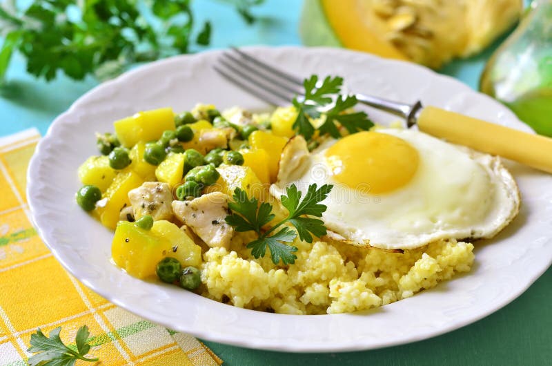 Healthy Breakfast Couscous,vegetable Ragout with Chicken and F Stock