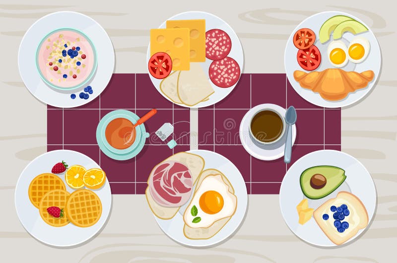 Healthy breakfast. Food daily menu cheese biscuits milk juice eggs butter meal vector cartoon products collection