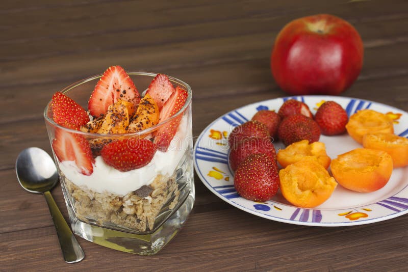 Healthy Breakfast with Fruit. Homemade Yogurt, Oatmeal with