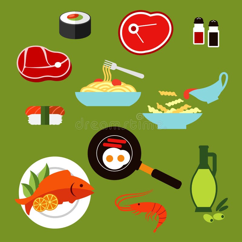 Healthy breakfast and lunch dishes flat icons