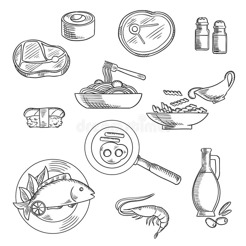 Healthy breakfast and lunch sketched icons