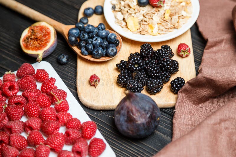 Healthy Breakfast with Muesli and Berries. Top View, Flat Lay Stock