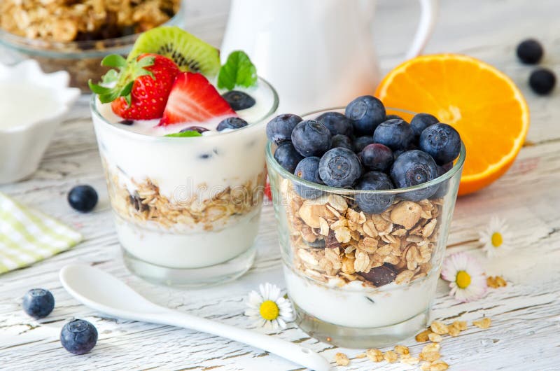 Healthy Breakfast with Muesli in Glass, Fresh Berries and Yogurt Stock ...