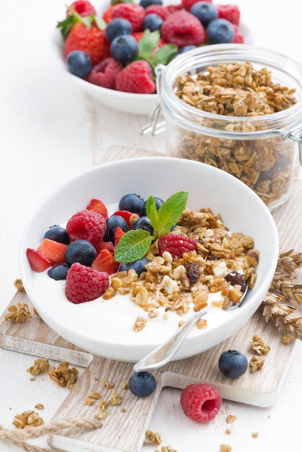 Healthy Breakfast with Natural Yogurt, Muesli and Berries Stock Image