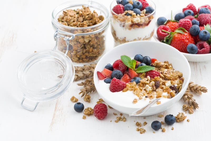 healthy breakfast with natural yogurt, muesli and berries