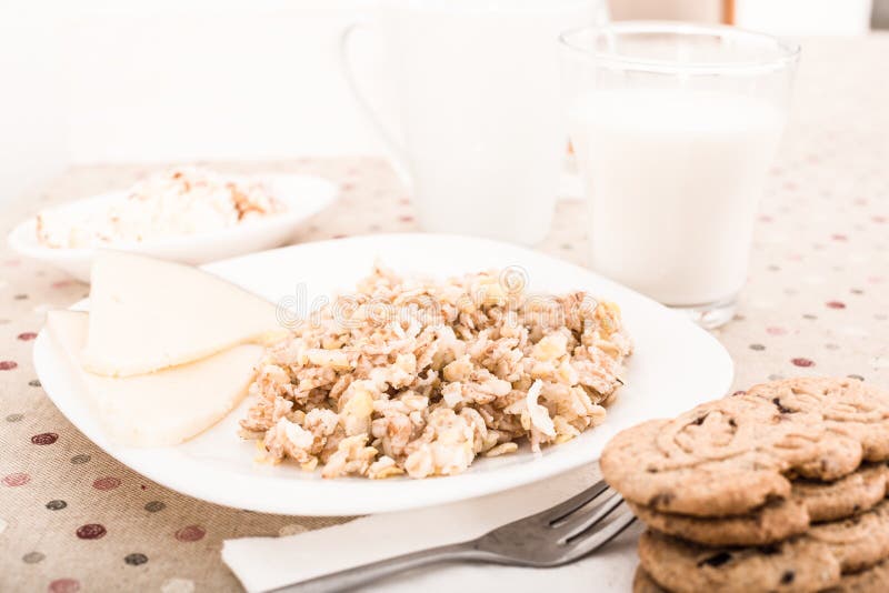 Healthy Breakfast of Oatmeal, Biscuits and Milk Stock Image Image of
