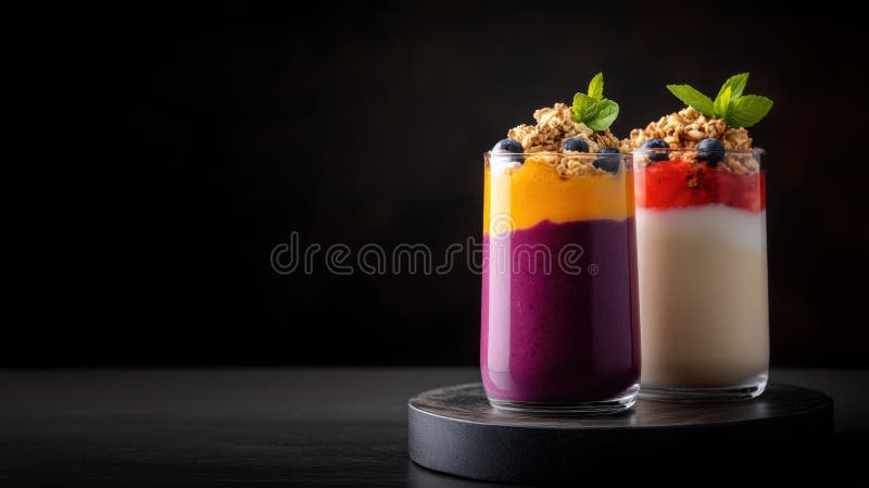 Healthy breakfast options, yogurt parfaits in clear jars with vibrant fruit layers and granola on a rustic breakfast royalty free stock images