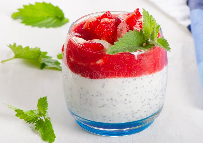 Healthy Breakfast of Strawberries with Yogurt and Chia Seeds. Stock