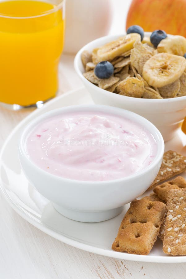 Healthy Breakfast Yogurt, Cereal and Juice, Closeup Stock Image
