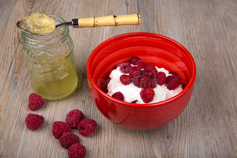 Healthy Breakfast with Yogurt, Raspberry and Jam on Table Stock Photo ...