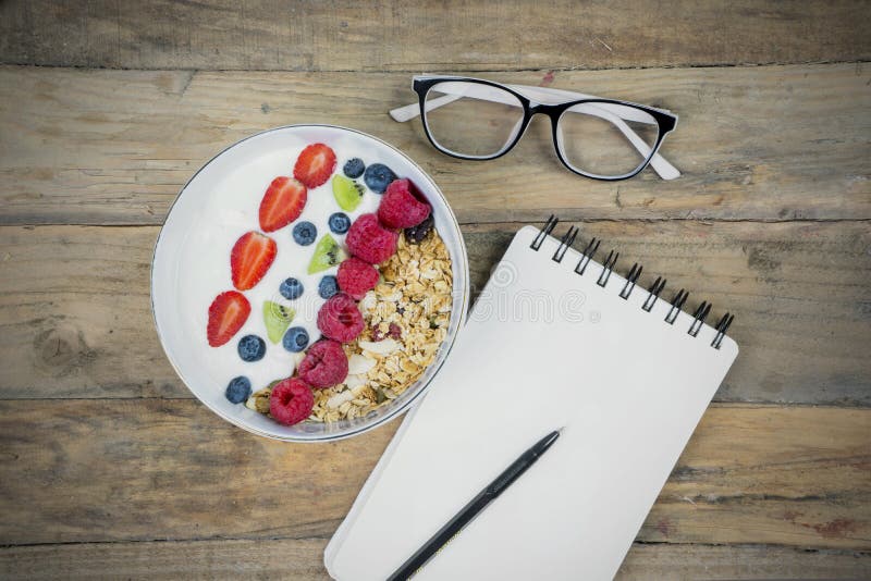 Healthy cereal with blank paper notes stock image