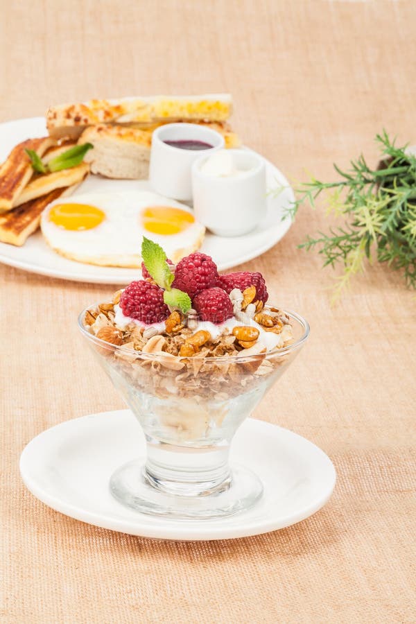 Healthy Cereal Breakfast with Greek Yogurt and Raspberries Stock Image