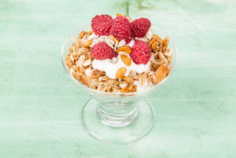Healthy Cereal Breakfast with Greek Yogurt and Raspberries Stock Photo