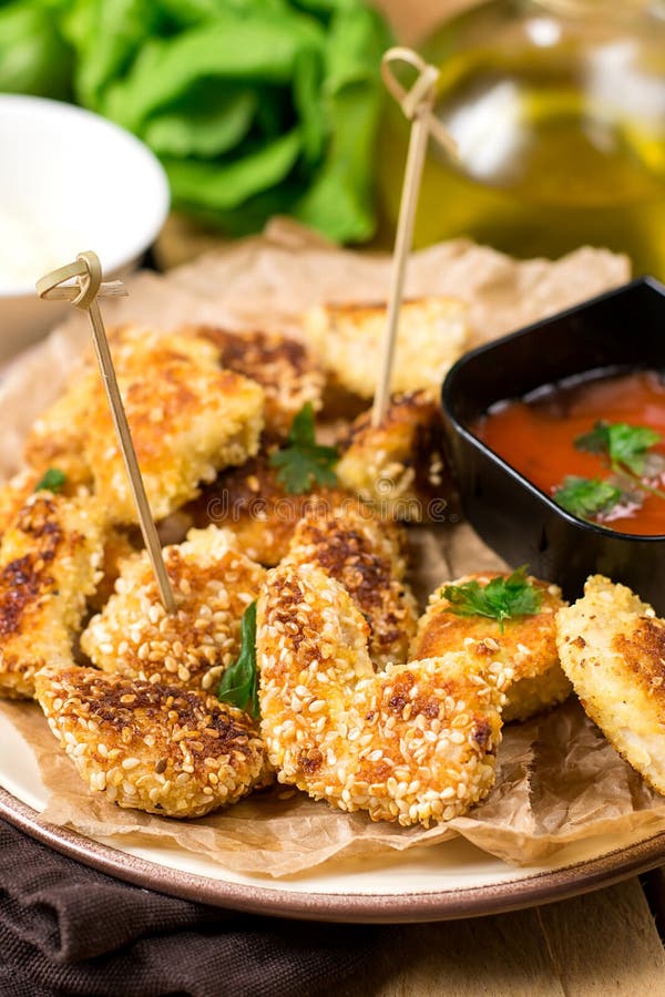 Healthy Chicken Nuggets with Sesame Seeds Stock Image Image of