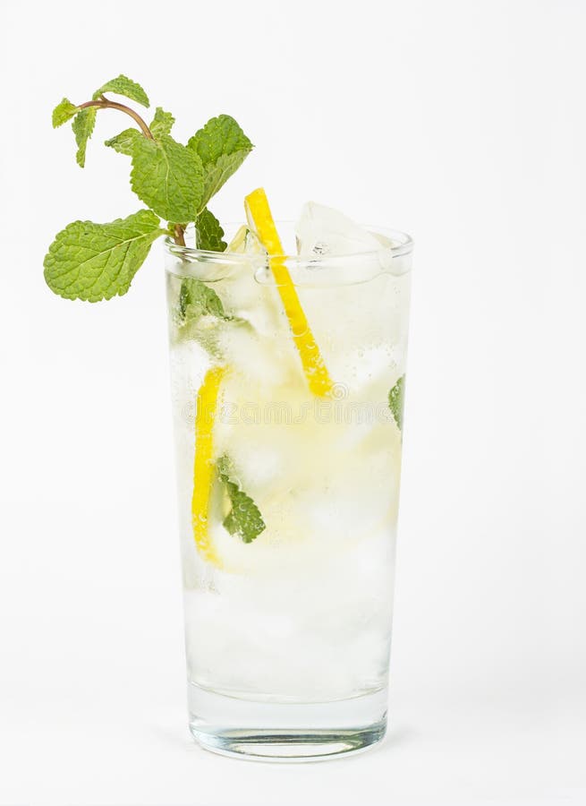 Healthy Club Soda with Lemon and Mint on White Background Stock Image