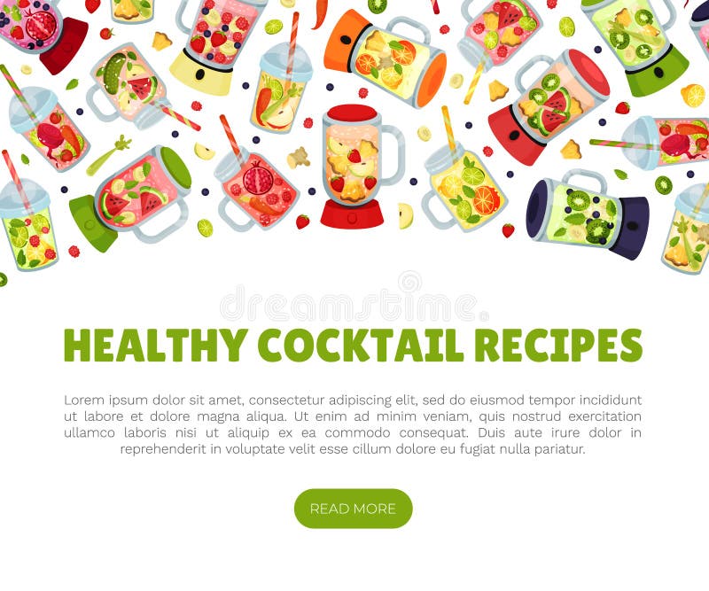 Healthy Cocktails Banner Design with Glassware and Blender Vector Healthy Cocktails Banner Design with Glassware and Blender Vector