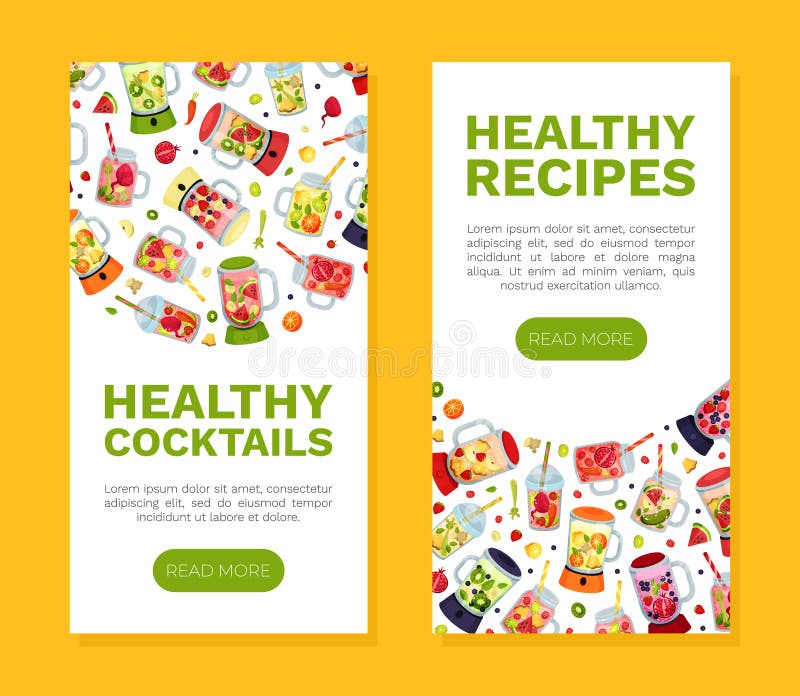 Healthy Cocktails Banner Design with Glassware and Blender Vector Healthy Cocktails Banner Design with Glassware and Blender Vector