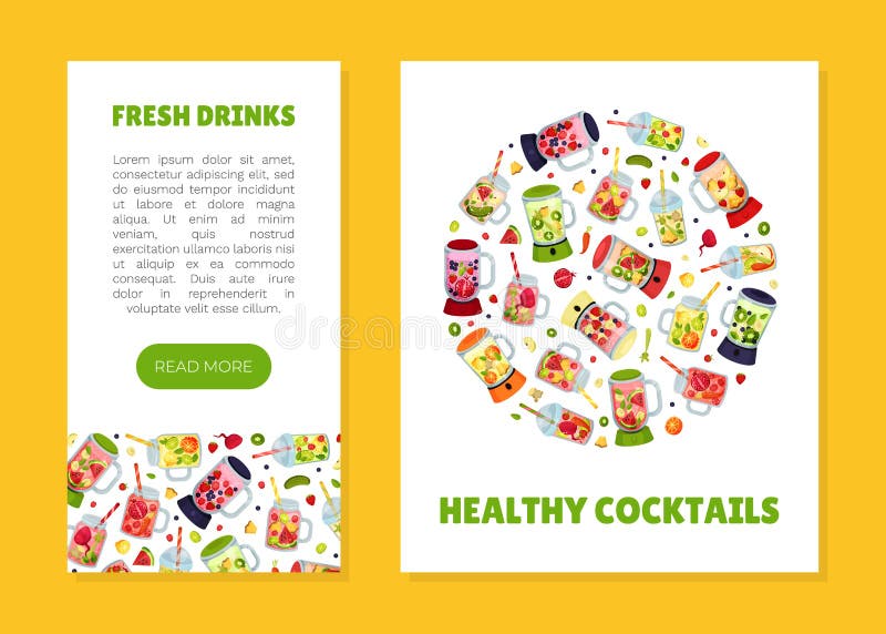 Healthy Cocktails Banner Design with Glassware and Blender Vector Healthy Cocktails Banner Design with Glassware and Blender Vector