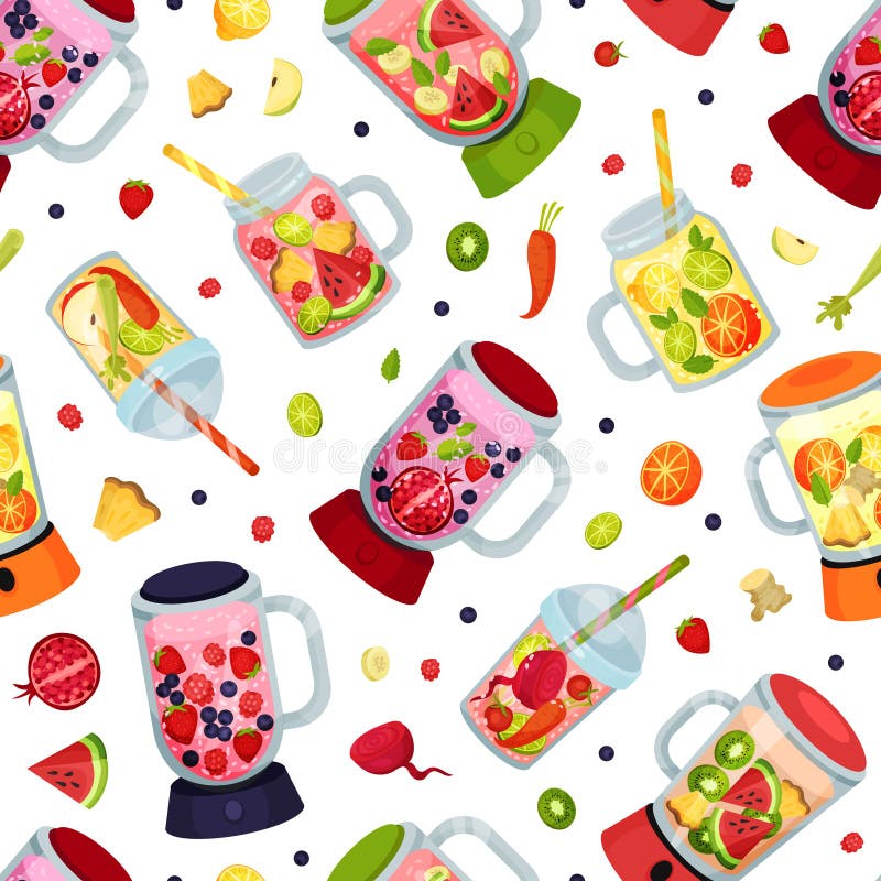 Healthy Cocktails Seamless Pattern with Glassware and Blender Vector Healthy Cocktails Seamless Pattern with Glassware and Blender Vector