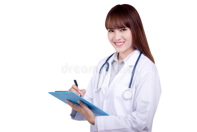 Healthy concept : Young Asian doctor writing on clipboard royalty free stock image Healthy concept : Young Asian doctor writing on clipboard royalty free stock image