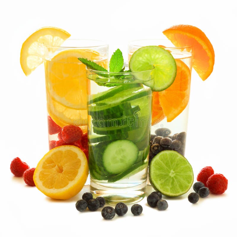 Healthy detox water with fresh fruit over white