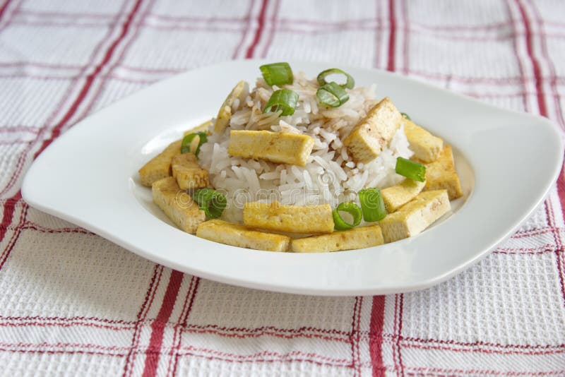 Healthy Dinner Rice Roasted Tofu Served Chequered Tablecloth Stock