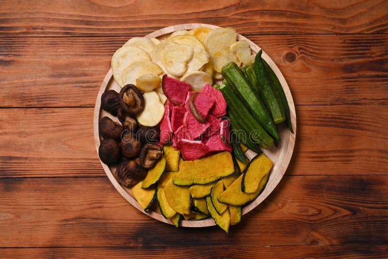 Dried Vegetables Chips on Wooden Plate. Stock Photo Image of natural