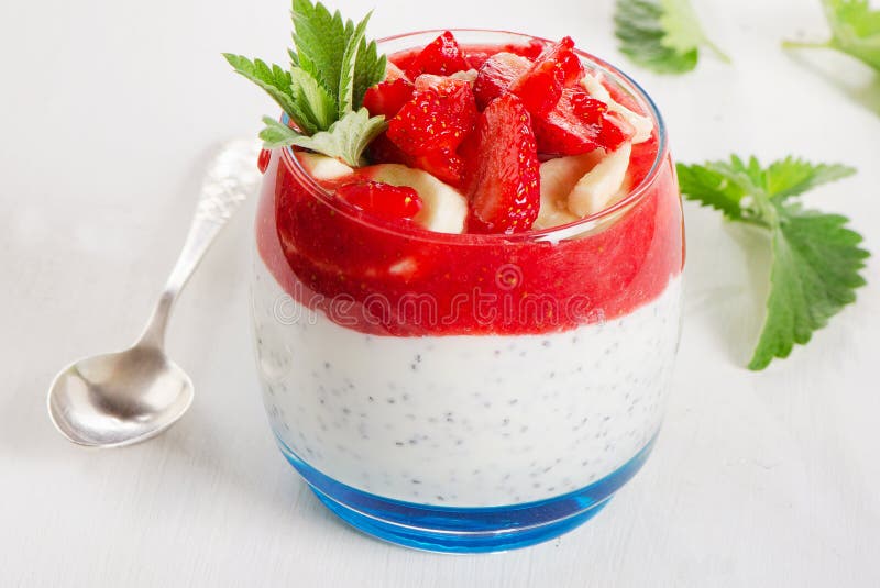 Healthy Eating. Breakfast of Strawberries, Yogurt and Chia Seeds Stock