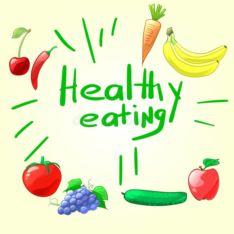 Healthy Eating. Set of Colorful Cartoon Fruits and Vegetables. V Stock
