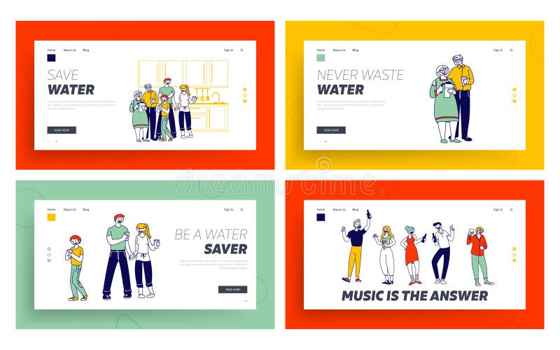 Healthy Family Drinking Fresh Water, Friends Partying Website Landing Page Set. Parents Grandparents and Little Boy with Glasses, People Party Fun Web Page Banner. Cartoon Flat Vector Illustration