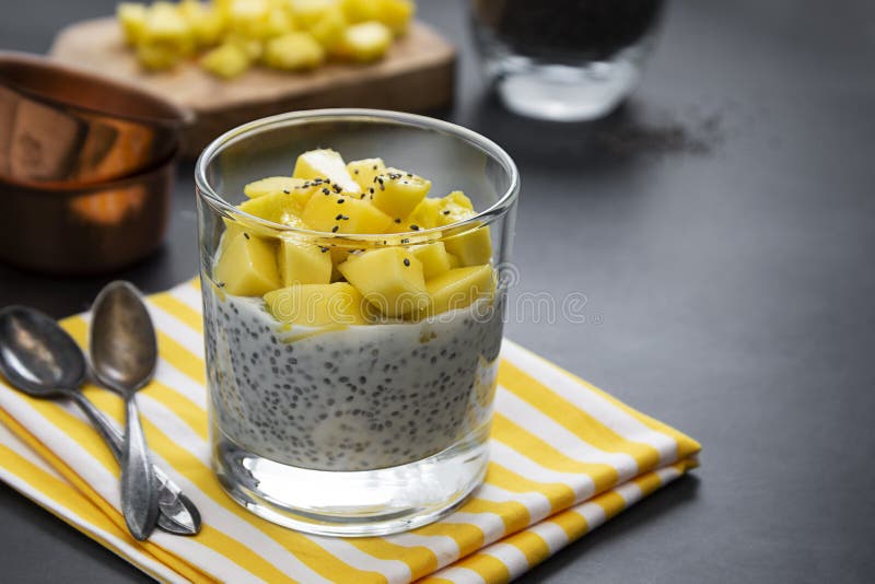 Healthy food. Chia seed pudding with pineapple. Copy space