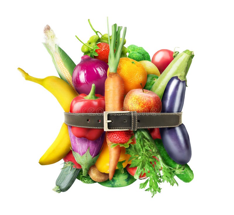 Healthy food concept. Vegetables and fruits tied with a leather belt isolated on white background.