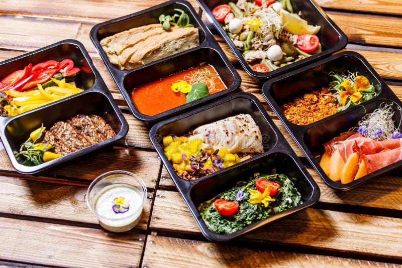 Healthy food and diet concept, restaurant dish delivery. Take away of fitness meal.