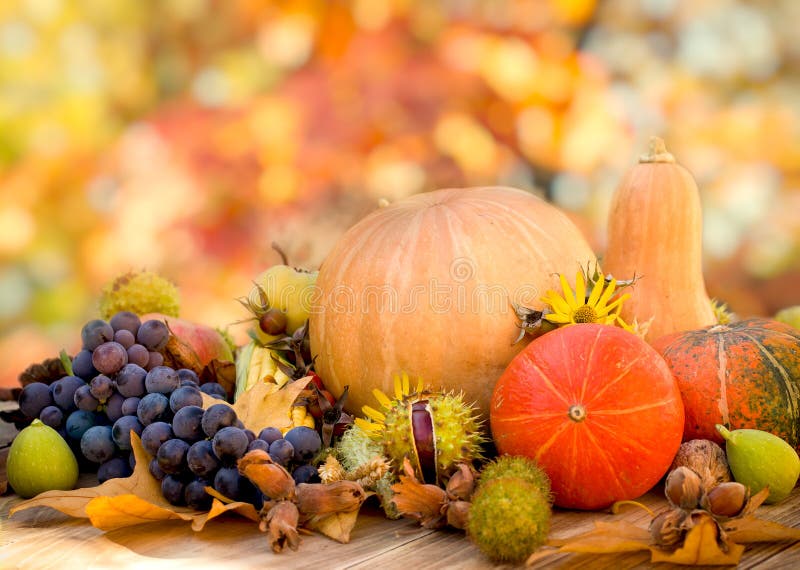 Healthy food, healthy eating - organic seasonal fruit, thanksgiving, harvest on table