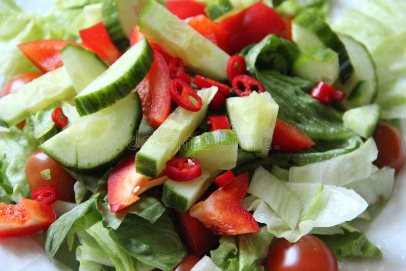 Healthy food fresh vegetable salad with red chilli