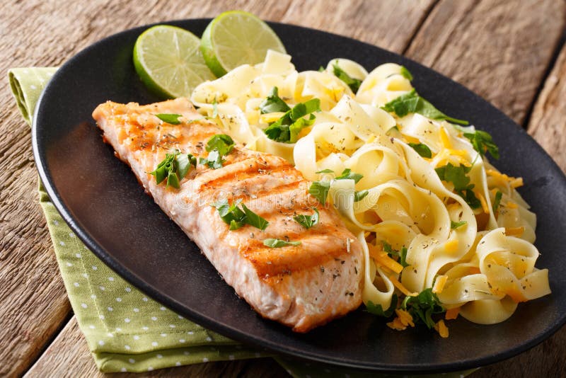 Pasta Fettuccine Cheese Butter Grilled Salmon Stock Photos - Free ...