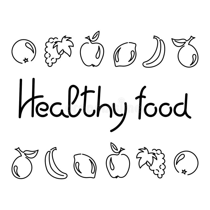 Healthy food, hand drawn text. Fruits, outline. Vector royalty free illustration Healthy food, hand drawn text. Fruits, outline. Vector royalty free illustration