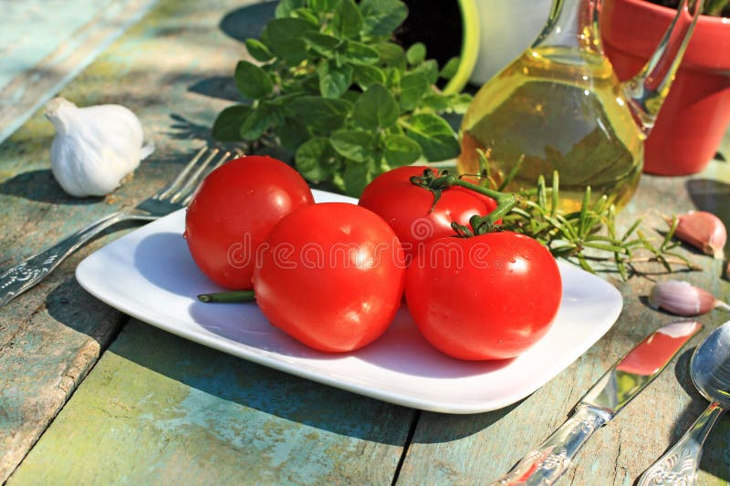 Healthy food, herbs, garlic and tomatoes