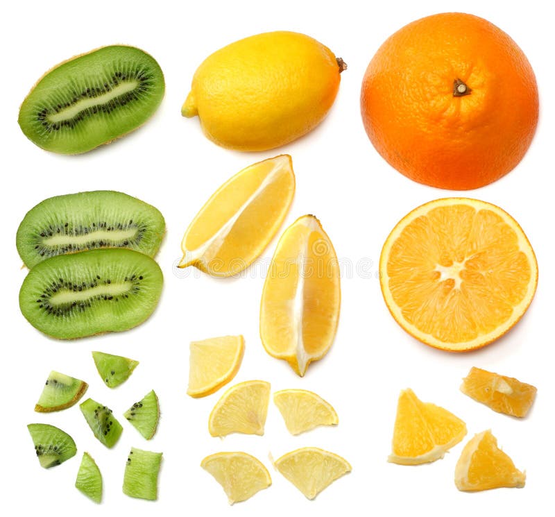 healthy food. mix sliced lemon, orange, mandarin and kiwi fruit with green leaf isolated on white background. top view