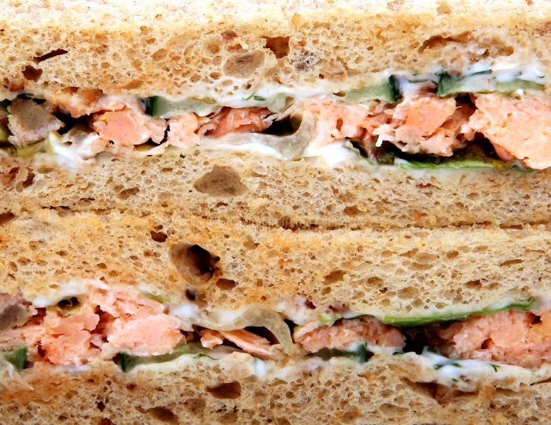 Healthy food,prawn and salmon salad sandwich on brown bread