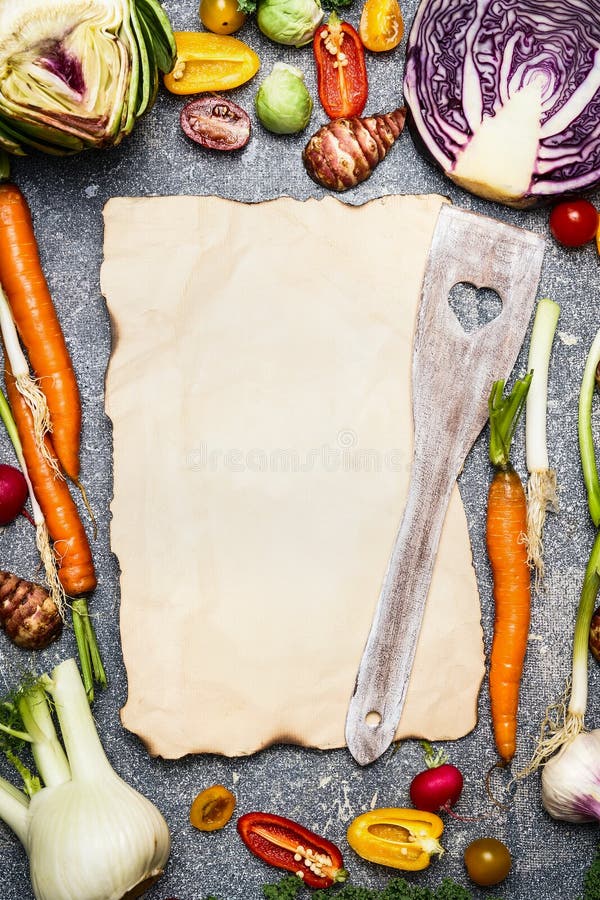 Healthy food and tasty vegetarian cooking background with assortment of colorful farm vegetables around blank sheet of paper with royalty free stock photos Healthy food and tasty vegetarian cooking background with assortment of colorful farm vegetables around blank sheet of paper with royalty free stock photos