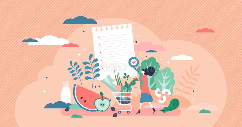 Healthy foods list vector illustration. Nutrition flat tiny persons concept stock illustration