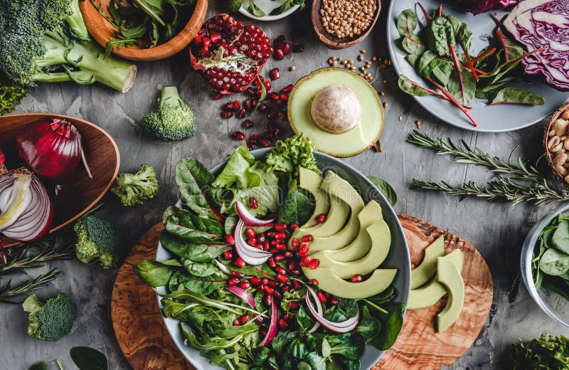 Healthy fresh salad with avocado, greens, arugula, spinach, pomegranate in plate over grey background. Healthy vegan food