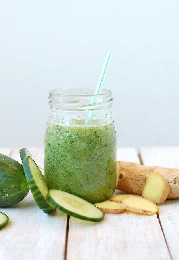 Healthy Fresh Smoothie Drink from Gree Cucumber and Ginger Stock Image