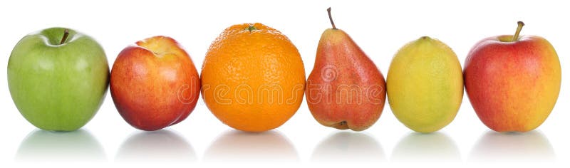 Healthy fruits like oranges, pears, lemons and apples in a row, isolated on a white background. Healthy fruits like oranges, pears, lemons and apples in a row, isolated on a white background