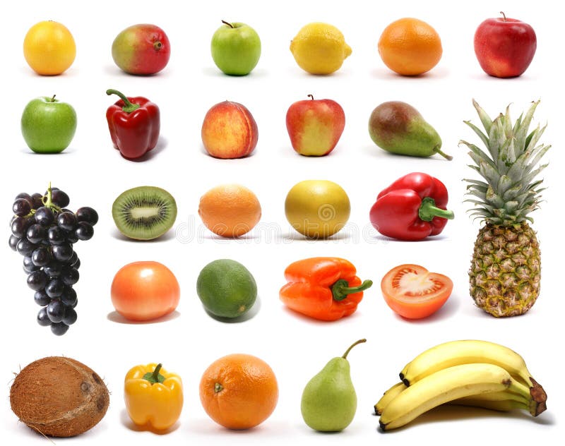 Healthy fruits and vegetables isolated on white