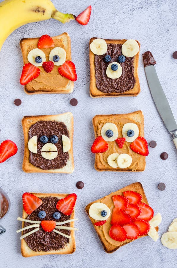 Healthy Funny Face Sandwiches for Kids. Animal Faces Toast with Peanut ...