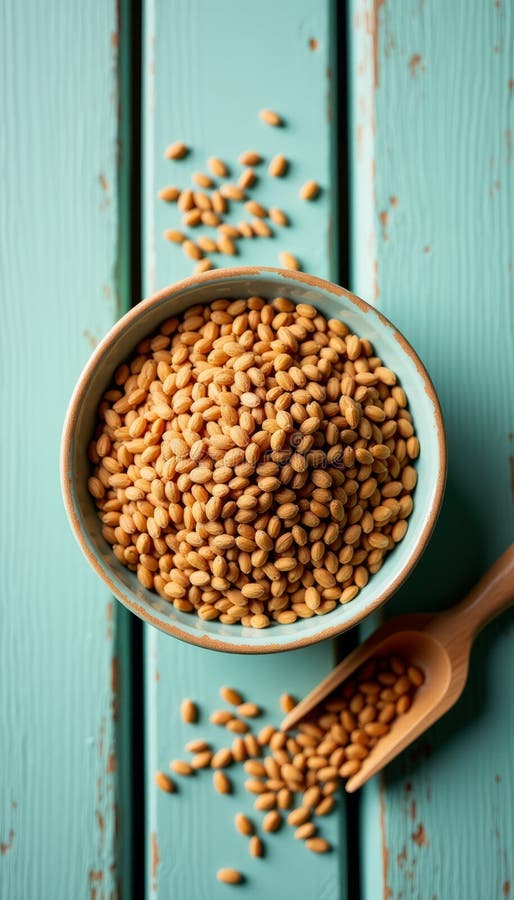 Healthy Golden Brown Flax Seeds på Rustic Light Teal Wooden Background royaltyfri illustrationer