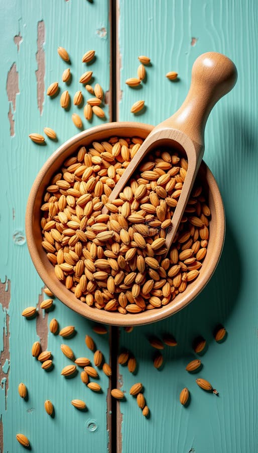 Healthy Golden Brown Flax Seeds på Rustic Light Teal Wooden Background stock illustrationer
